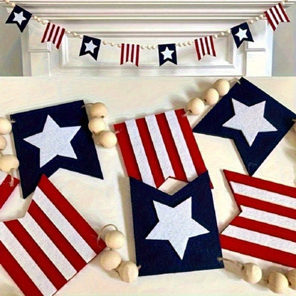 Patriotic Red, White and Blue Bunting Banner with Star Flags and Natural Wood-Bead Garland for Display