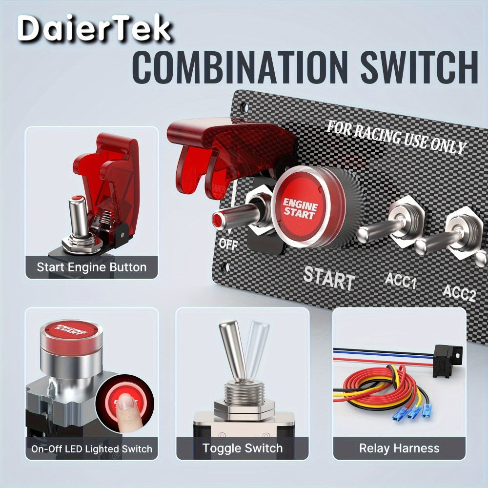 5-in-1 Ignition Switch Panel 12V 30A - Push Start Button Racing Toggle Switch Kit, Aluminum Carbon Fiber Panel for Car Truck Boat RV Race Vehicle