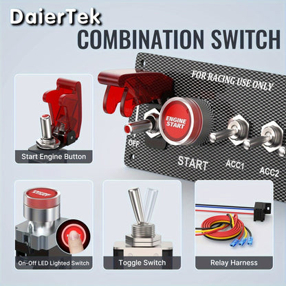 5-in-1 Ignition Switch Panel 12V 30A - Push Start Button Racing Toggle Switch Kit, Aluminum Carbon Fiber Panel for Car Truck Boat RV Race Vehicle