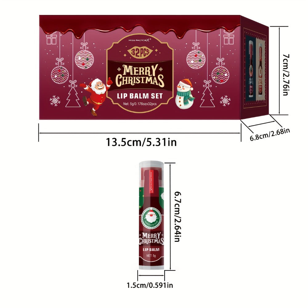 MISS FACTOR 32-Piece Lip Balm Set with Individually Capped Tubes in Red Christmas Gift Box