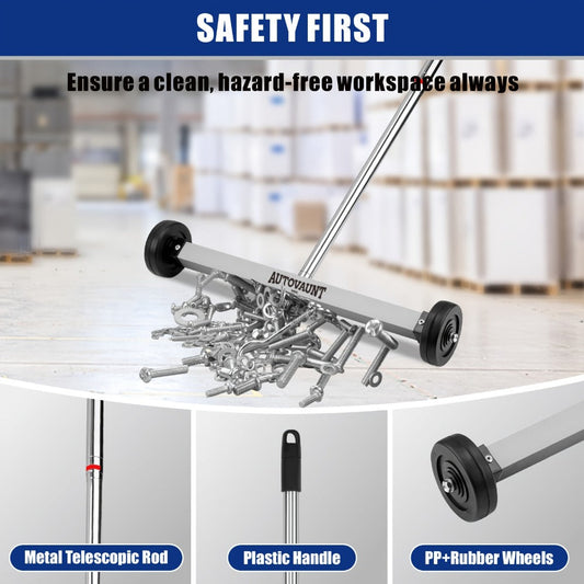 Rolling Magnetic Sweeper 17-Inch with Wheels – Heavy Duty 8.8lb Capacity Telescoping Adjustable Handle 15–38 Inch Picks Up Screws Nails Nuts for Garage Workshop Construction