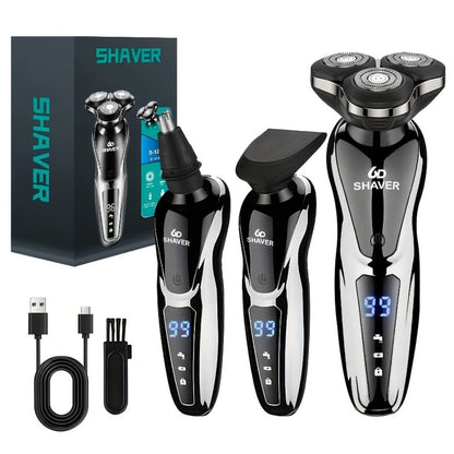Black Three-Head Rotary Shaver with Digital Display in Standalone, Three-Piece or Four-Piece Sets