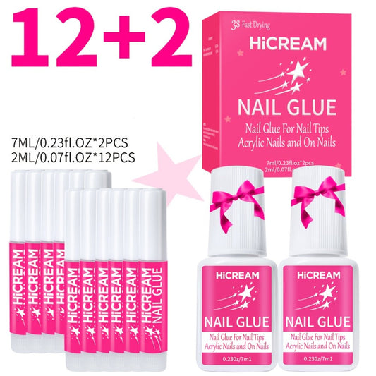 Acrylic Nail Glue Set 14 Pcs No Lamp Quick Dry Super Strong Bond — 12×2ml + 2×7ml Bulk Pack for Press On Nails, Fake Nails, Rhinestones & Nail Art Repair | Long-Lasting DIY & Salon Adhesive for Women