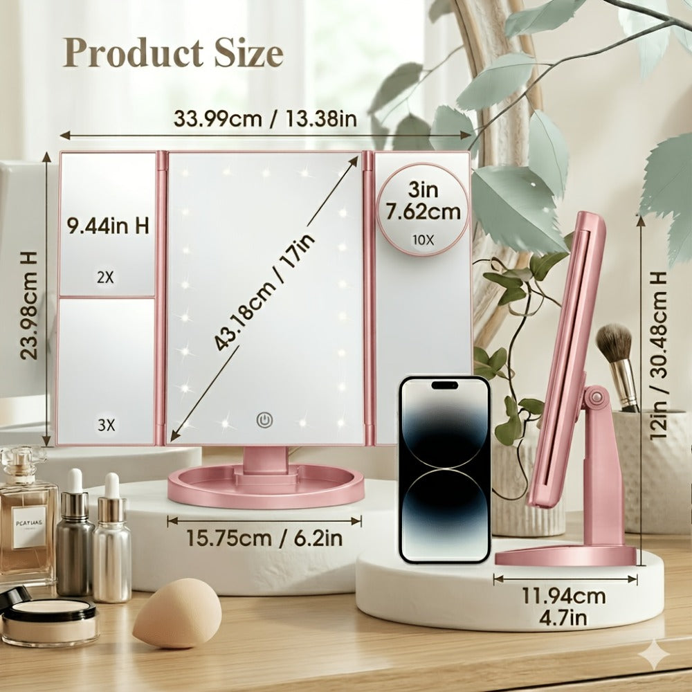 Vanity Mirror with Lights Tri-Fold 21 LED Lighted Makeup Mirror Touch Control 1X 2X 3X 10X Magnification 360 Rotation Dual Power Tabletop Trifold Mirror for Women Gift White Rose Gold