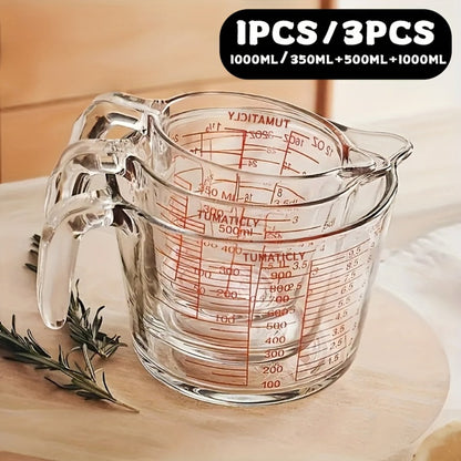 Clear Glass Measuring Cup Set with Pour Spouts, Handles, Red Graduations and One- or Three-Piece Options