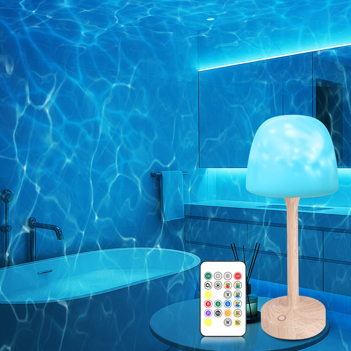 16-Color Rechargeable Atmosphere Lamp, Cordless Ocean Wave Night Light with Remote for Bedroom or Bathroom