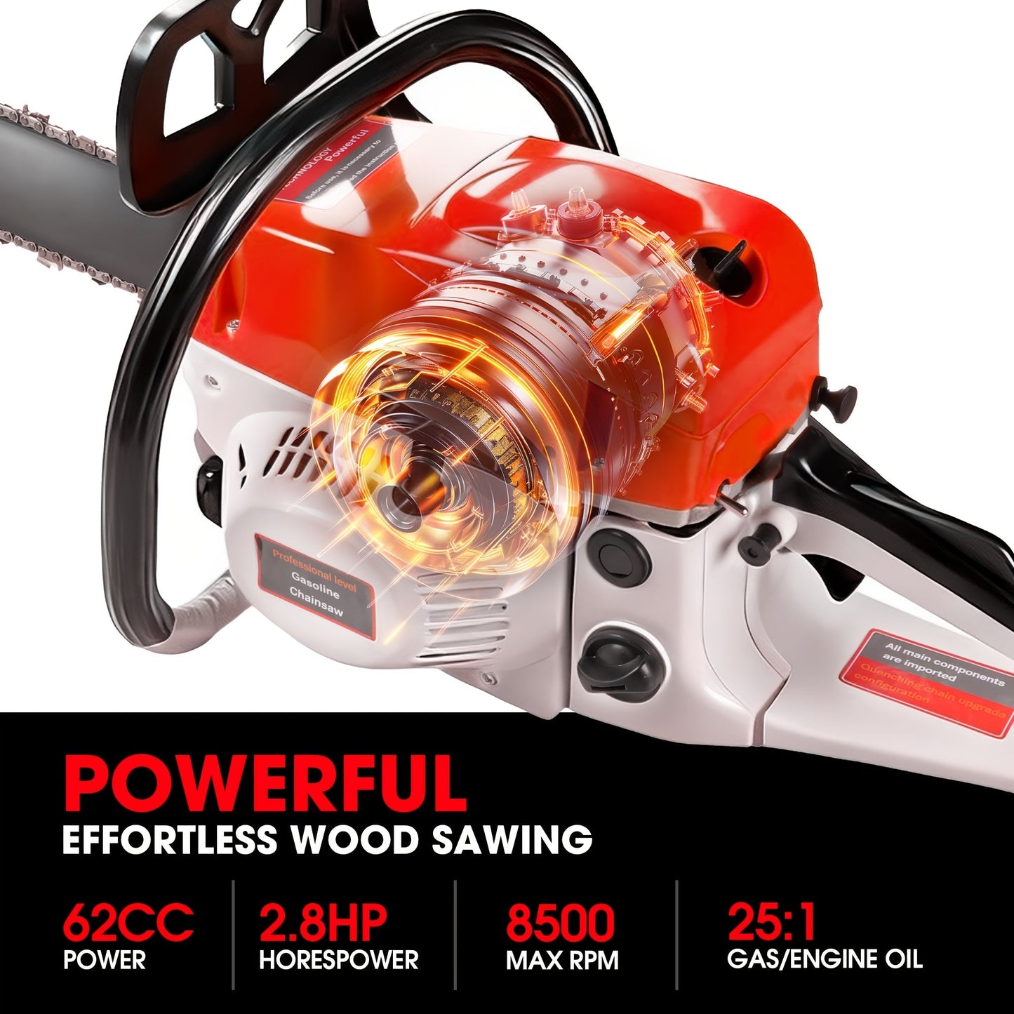 62CC Gas Chainsaw with 20-Inch Guide Bar in Five Red and Orange Checkout Configuration Options
