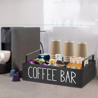 Coffee Bar Organizer Wooden Farmhouse Style - Rustic COFFEE BAR Sign Storage Tray for Pods Sugar Creamer Accessories, Waterproof Rectangular Countertop Organizer for Kitchen Coffee Station Decor