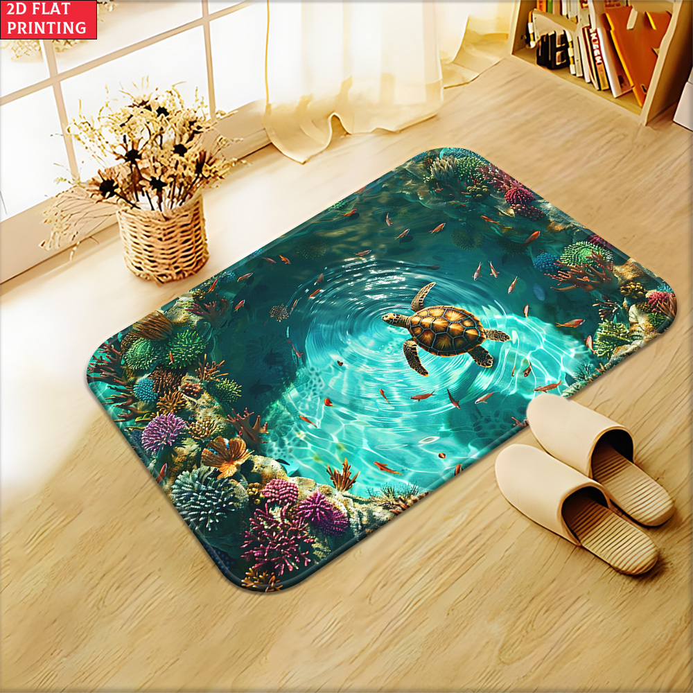 Sea Turtle Illusion Floor Mat with Tropical Reef Print in 15.75 x 23.62 or 19.68 x 31.49-Inch Sizes