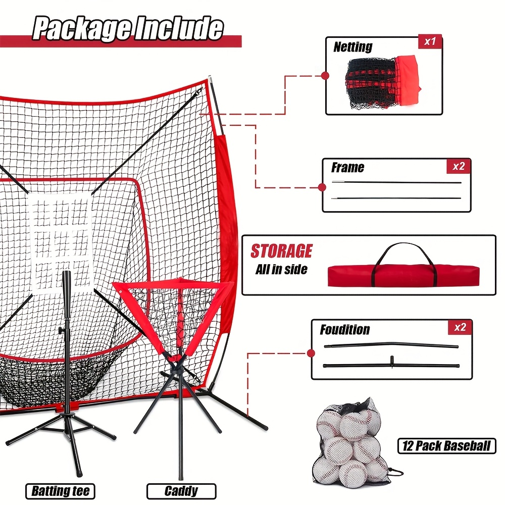 7 x 7 ft Baseball Training Net Set with Batting Tee, Ball Caddy, 12 Practice Balls and Carry Bag