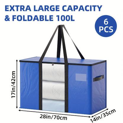 Heavy Duty Moving Bags with Handles & Zippers – Extra Large Waterproof Storage Bags for Moving, Clothes & Closet Organization (6pcs 26.42gal or 16pcs Set, Blue)