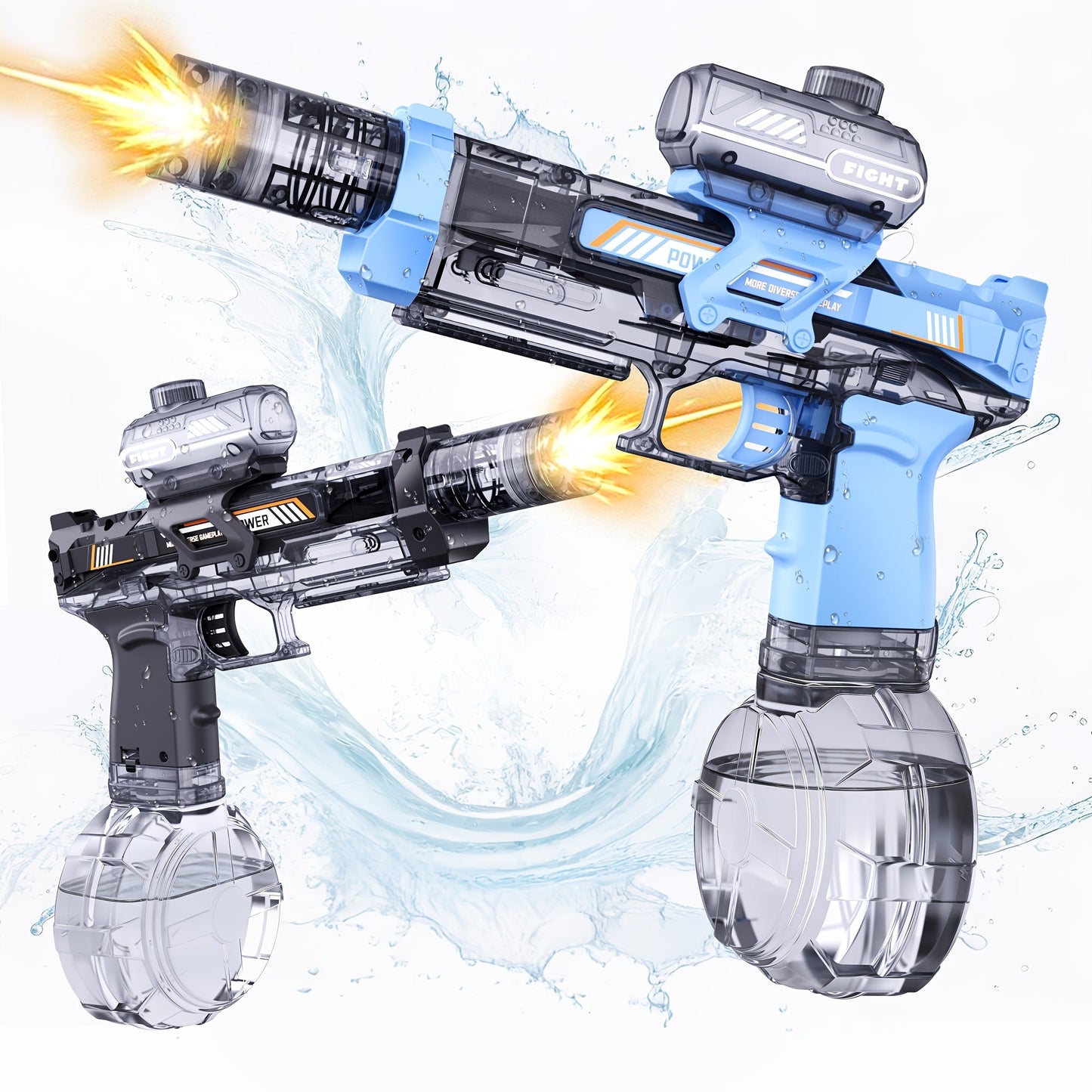 Two-Piece Electric Light-and-Sound Water Blaster Sets in 727 or 737 Models and Blue or Black Colors