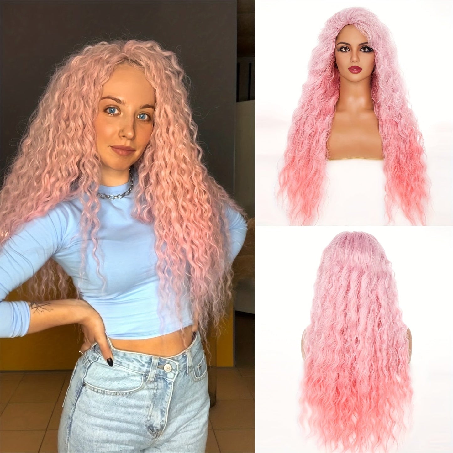 Synthetic Wig 30-Inch Long Curly Waves with Dark Roots, Middle Part and Three Ombre Colors