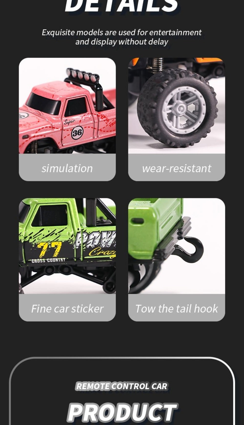 Mini RC Monster Truck 1:64 Scale with Matching Trailer, 2.4GHz Controller, LED Details and Three Color Options