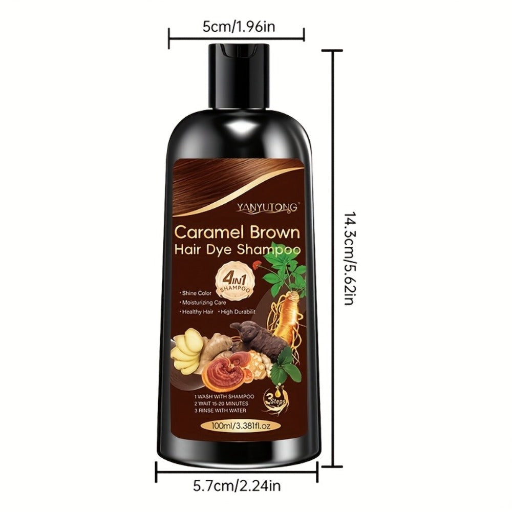 Hair Color Shampoo, YANYUTONG 4-in-1 Caramel Brown Two-Bottle Set with 3.38oz in Each Bottle