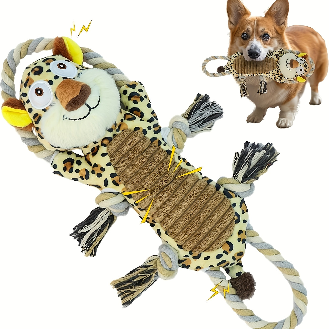 Dog Toy Plush Rope Animal with Squeaker, Crinkle Paper and Four Styles for Chew, Tug and Fetch Play