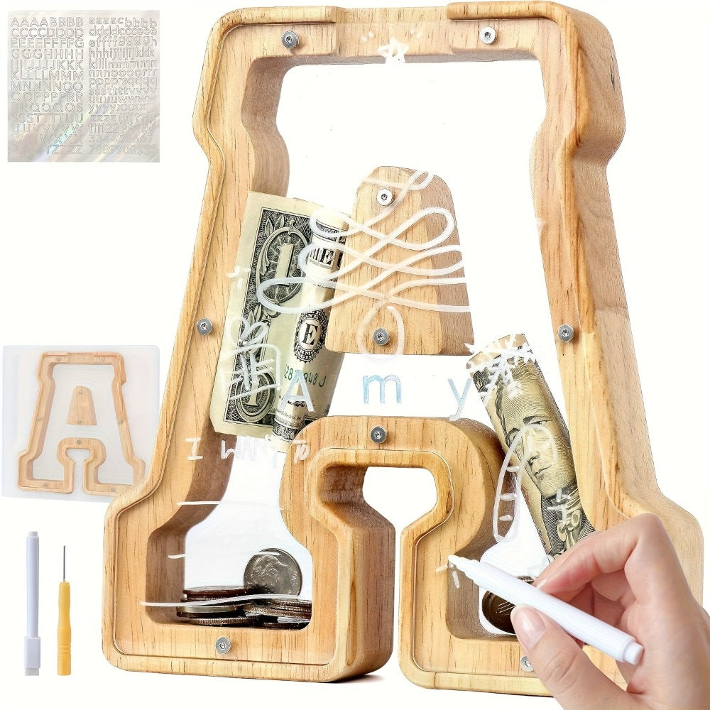 Alphabet Wooden Money Bank with Clear Front Panel, Coin Slot and A-to-Z Letter Options for Adults