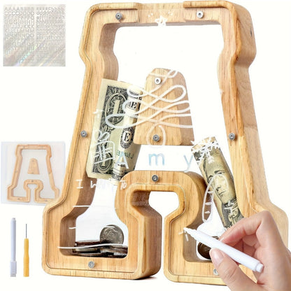 Alphabet Wooden Money Bank with Clear Front Panel, Coin Slot and A-to-Z Letter Options for Adults