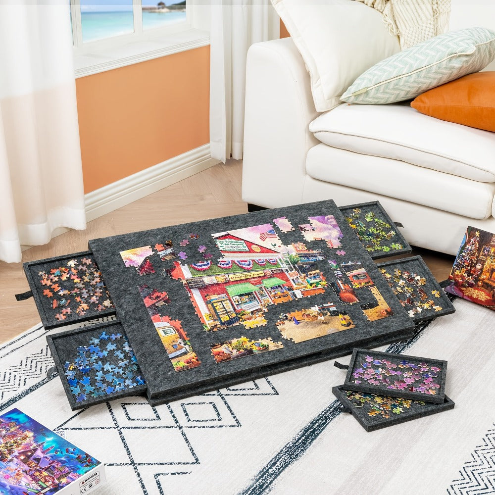 Jigsaw Puzzle Board with Felt Mat & 6 Sorting Drawers - Foldable Roll-Up Puzzle Saver Fits Up to 1000 Pieces | Portable Puzzle Storage Organizer for Adults Kids Family Game Night