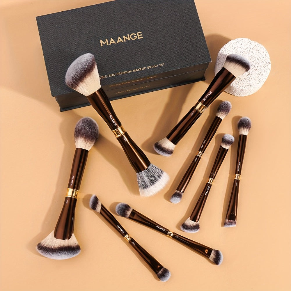Double-Ended Makeup Brush Set 8-Piece with Storage Box – Premium Aluminum Alloy Handle, 16 Brush Heads for Foundation Blush Contour, Travel-Ready Gift for Women
