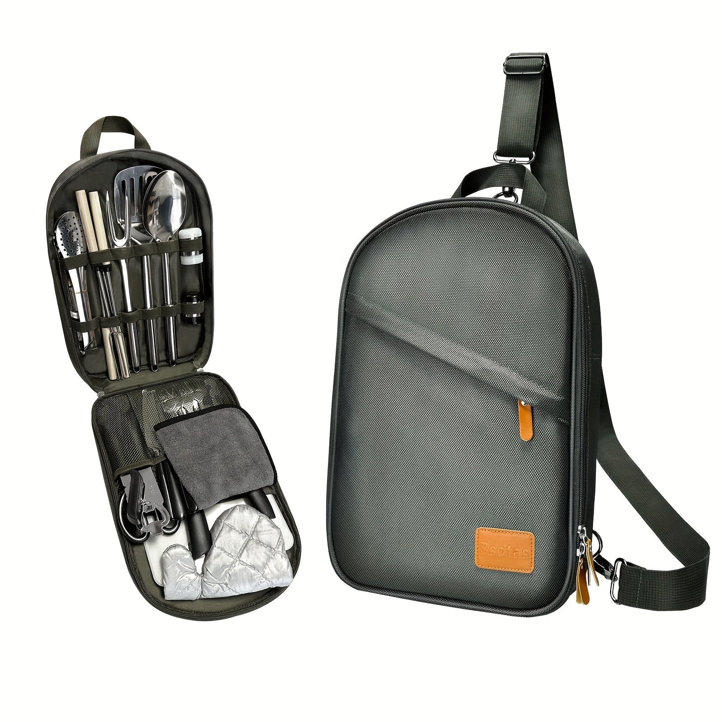 Camping Cookware Set, 31-Piece 304 Stainless Steel Camp Kitchen Tool Kit with Knives, Board and Organizer Bag