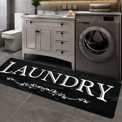 Black and White Laundry Room Mat with Bold LAUNDRY Text in 45 x 120 cm and 45 x 150 cm Size Options