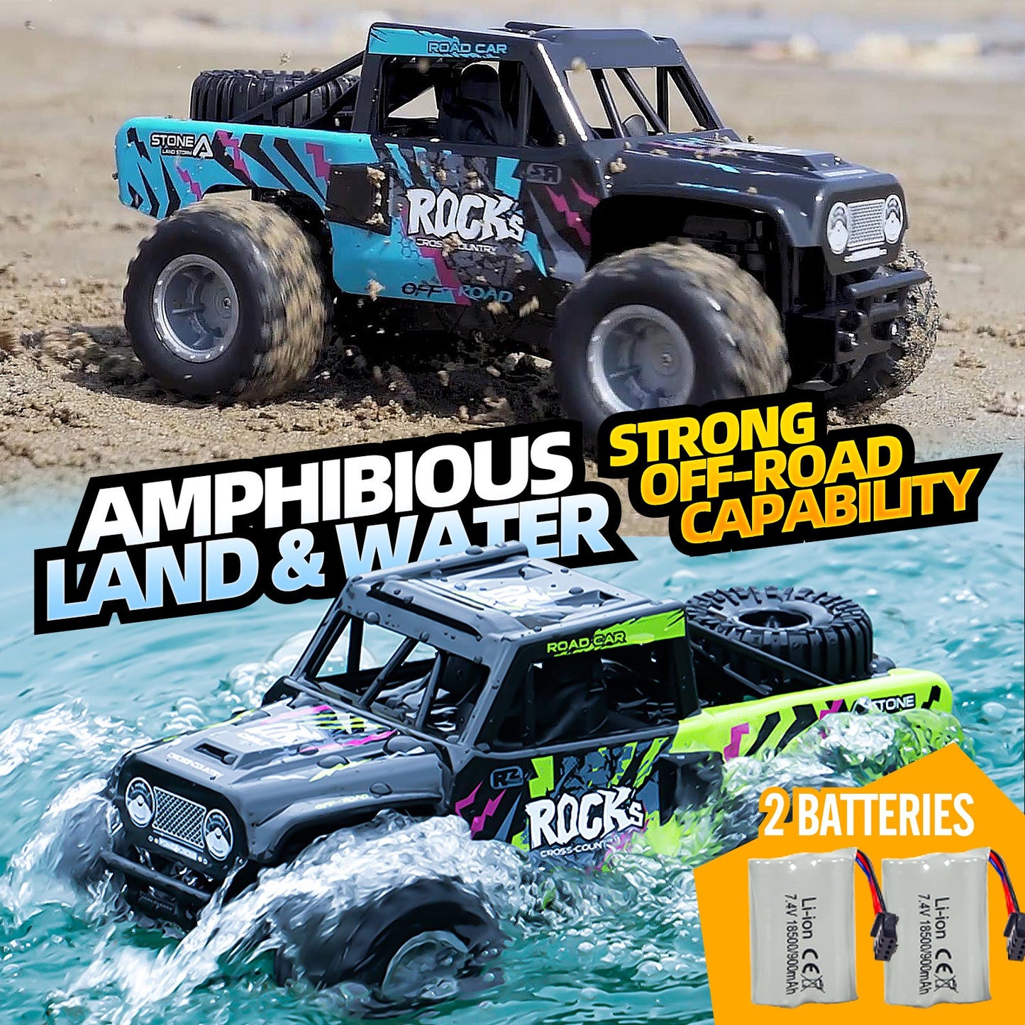 RC Monster Truck or Pickup 1:16 Scale in Five Body and Color Styles with 4WD Layout and Two Rechargeable Batteries