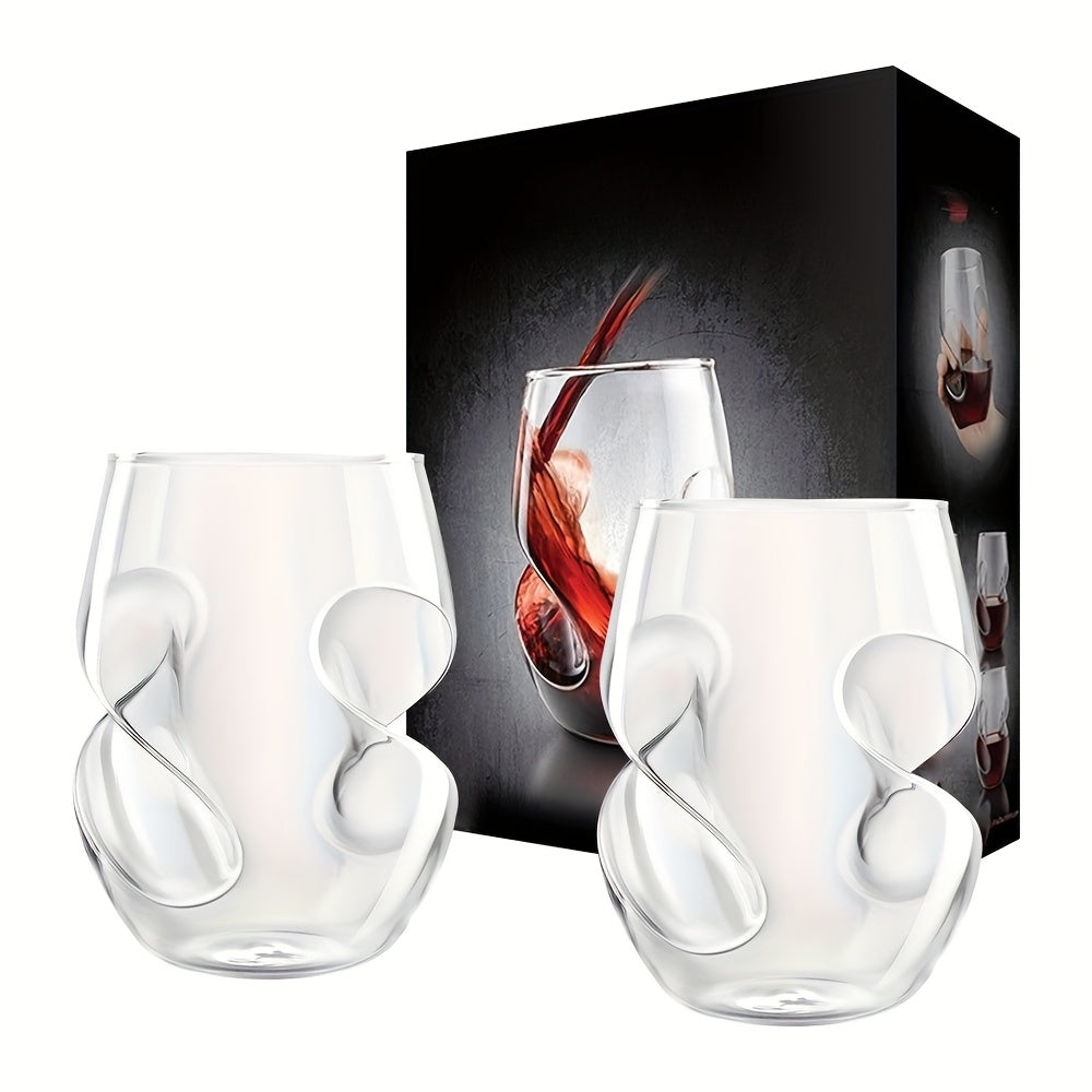 Curved Stemless Drinking Glasses, Two-Piece Clear Set with Sculpted Side Grips and 4.72-Inch Height