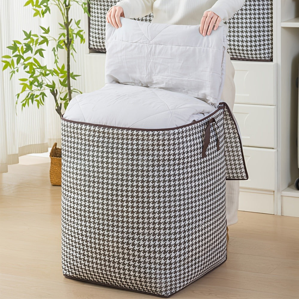 Large 160 L Houndstooth Fabric Storage Bag with Double Zippers, Carry Handles and Foldable Square Shape