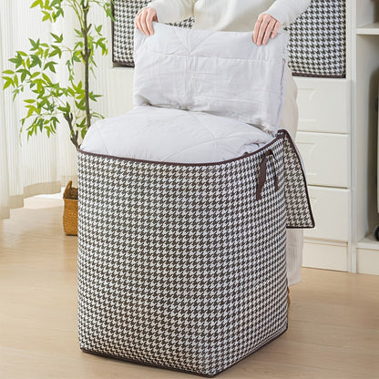 Large 160 L Houndstooth Fabric Storage Bag with Double Zippers, Carry Handles and Foldable Square Shape