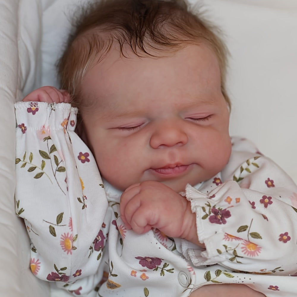 Reborn Doll, 19-Inch Full-Vinyl Sleeping Figure with Hand-Rooted Hair and Floral Outfit Set