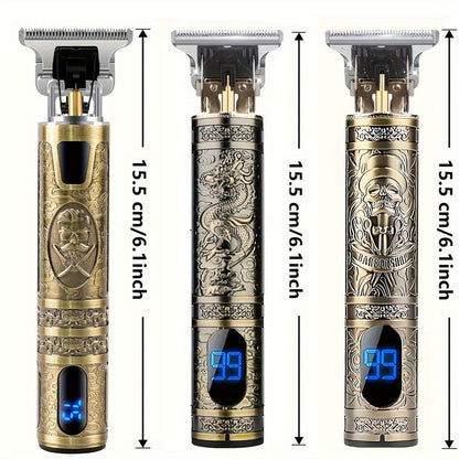 Hair Clippers & Trimmers Vintage Gold T-Blade Model with LCD Display, USB Charging and Three Etched Designs