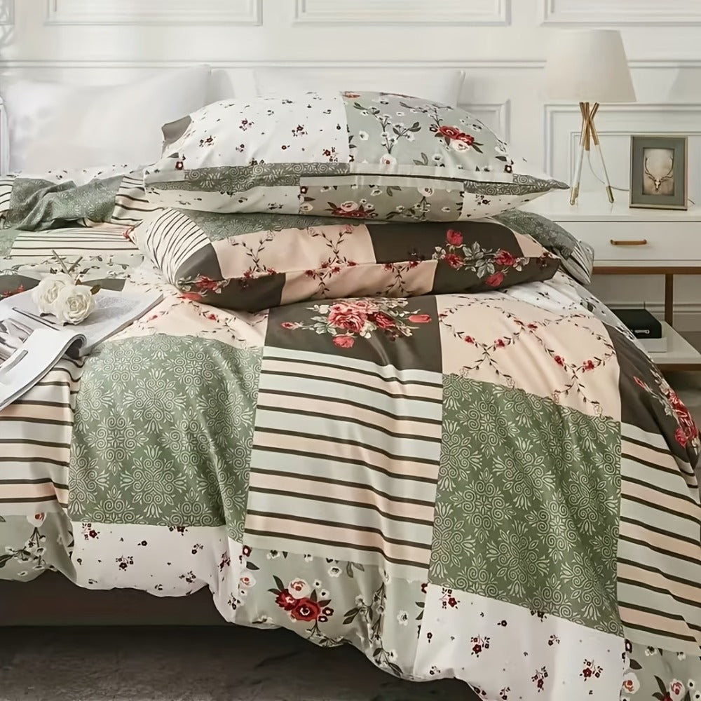 3-Piece Duvet Cover Set with Floral Patchwork Print in Blue, Green or Pink and Four Size Options