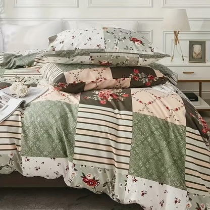 3-Piece Duvet Cover Set with Floral Patchwork Print in Blue, Green or Pink and Four Size Options