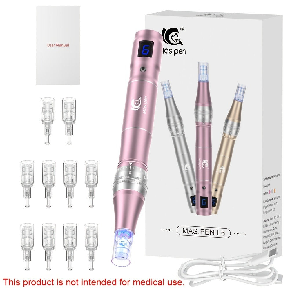 L6 Pink Microneedling Pen Kit with 10 Replacement Tips, Six Speed Levels and USB Charging Cable