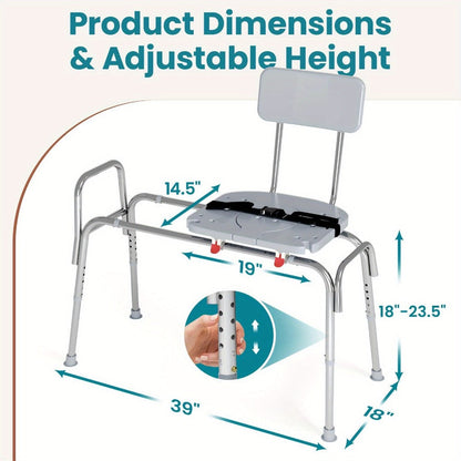Sliding Bathtub Transfer Bench with Reversible Grey Seat, Safety Rail, Backrest and Adjustable Legs