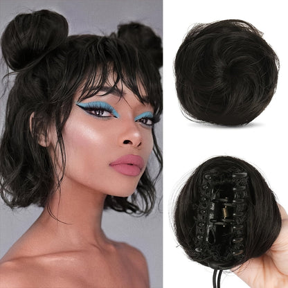 Mini Donut Bun Hairpiece with Cat Ears Claw Clip Messy Bun Synthetic Fiber Instant Updo – 2 Pcs Set for Women Girls All Hair Types Natural Black Brown Blonde 4 Inch