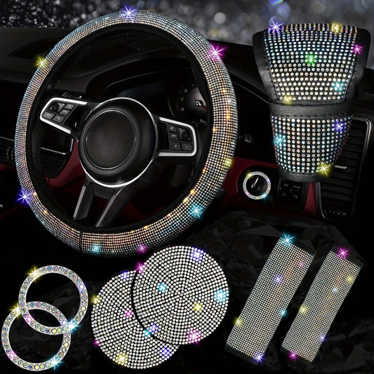 Rhinestone Car Accessories Set for Women 8 Pcs – Bling Steering Wheel Cover Cup Coasters Seat Belt Pads Shift Knob Cover Starter Rings – Multicolor Pink Purple