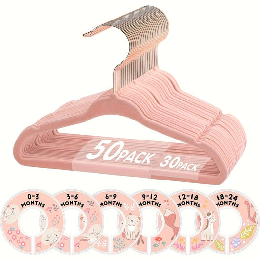Baby Hangers Pink Velvet Non-Slip Nursery Closet Kids Clothes Hangers with Size Dividers for Infant Toddler Girls Boys 50/30pcs