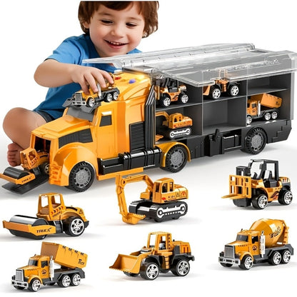 Vehicle Carrier Playset in Dinosaur Car or Construction Truck Style with Mini Vehicles and Storage