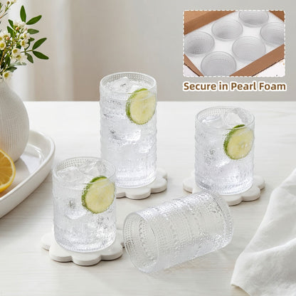 Embossed Highball Glass Drinkware Set, 12-Piece Clear, Green or Blue Cups in 10oz and 12oz Sizes