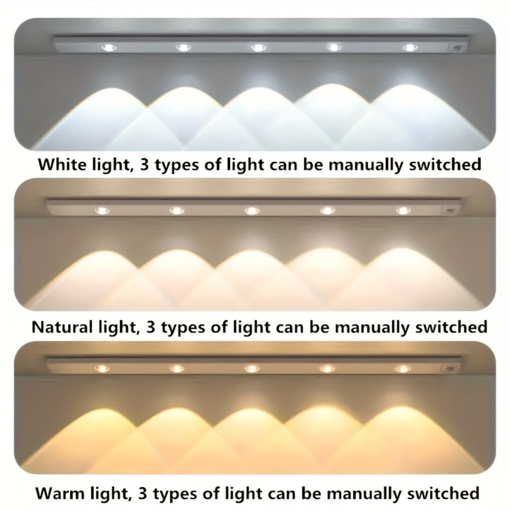 LED Strip Light Motion Sensor Bar with USB Rechargeable Power, Three White Tones, 20–50cm Sizes and One or Two Packs
