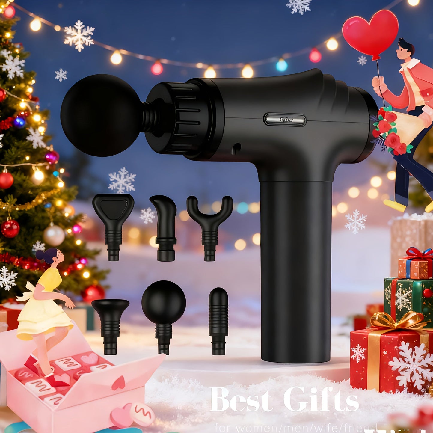 GVBER Handheld Massage Gun in Black with Six Interchangeable Heads, Rear Display and USB-C Charging Port