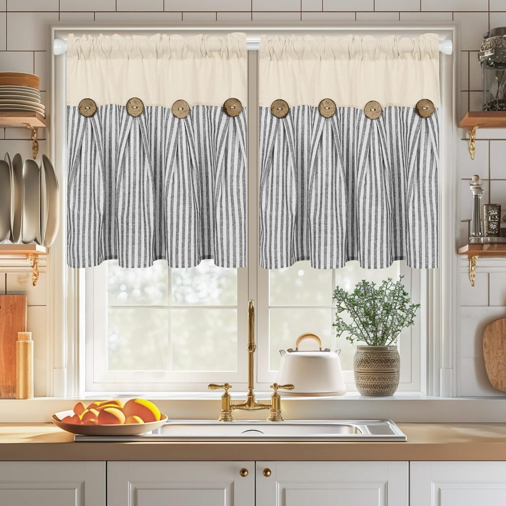 Striped Patchwork Window Curtain Set with Rod-Pocket Top, Six Colors and Five Panel-Count or Size Options