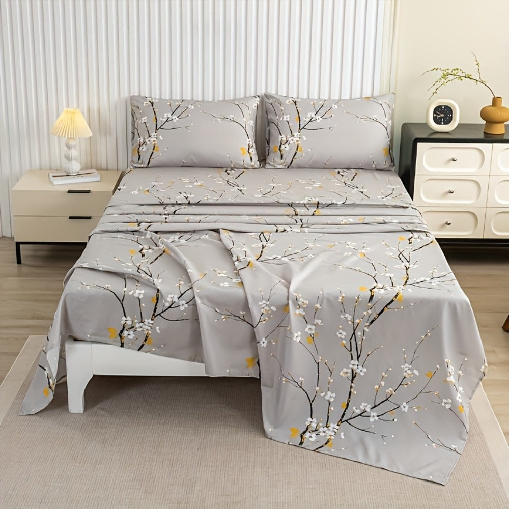 Bed Sheet Set 4-Piece Plum Blossom Floral Polyester with 15-Inch Pocket and Four Color Options