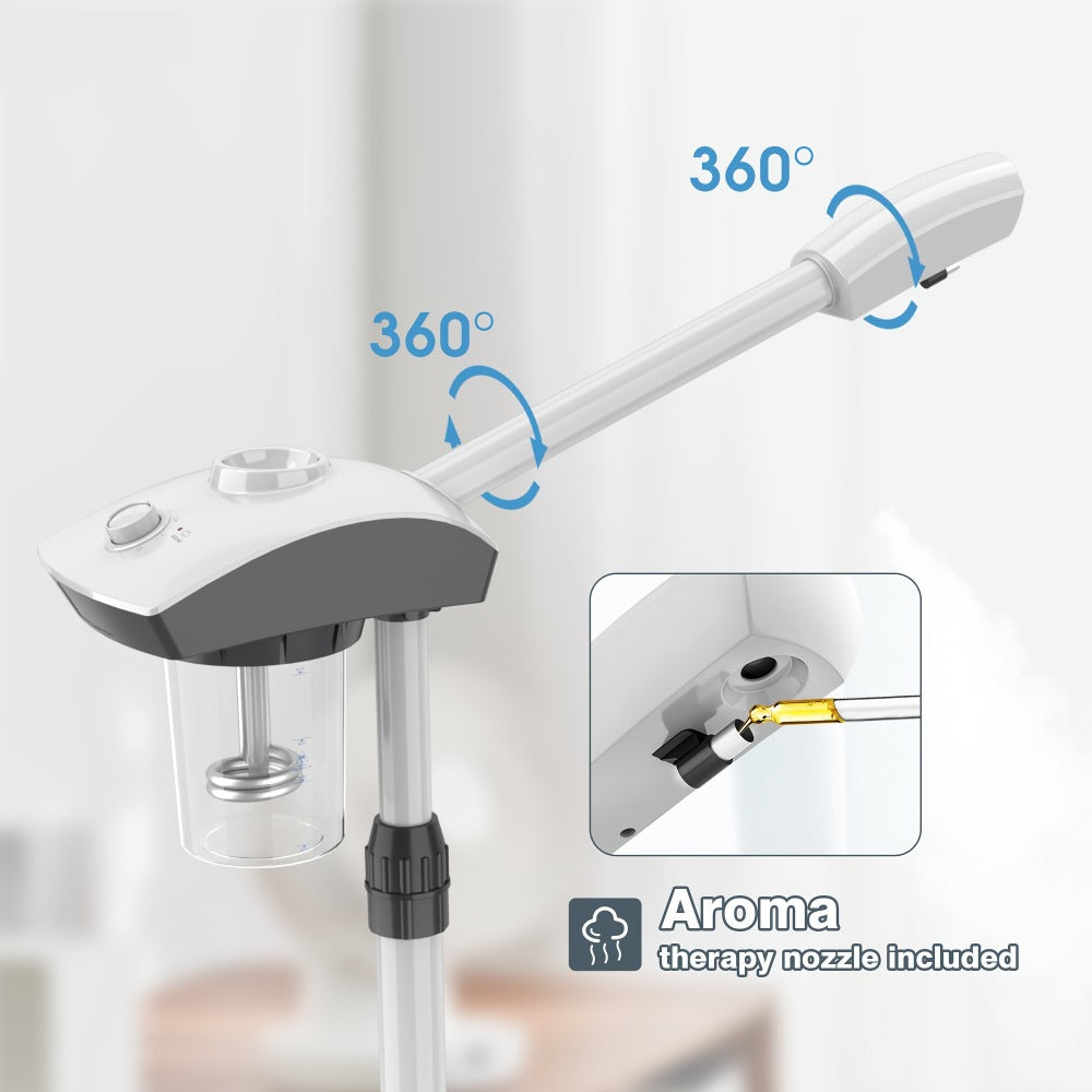 Rolling Facial Steamer with White Five-Wheel Stand, Removable 250 ml Tank and Preset Timer Controls
