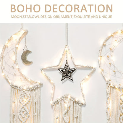 Woven Dream Catcher Wall Decor, Four-Piece Set with Cream Moon, Star and Ring Forms plus Tassels
