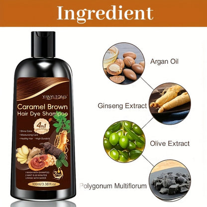 Hair Color Shampoo, YANYUTONG 4-in-1 Caramel Brown Two-Bottle Set with 3.38oz in Each Bottle
