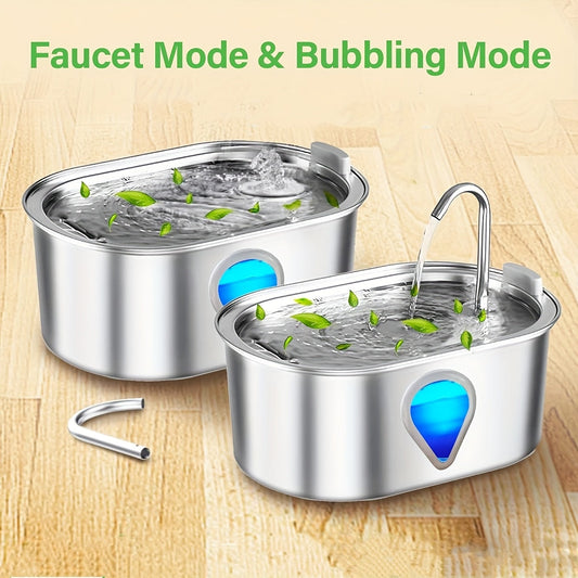 Stainless Steel Pet Water Fountain – USB Automatic Cat & Dog Water Dispenser with Transparent Window, 2-in-1 Design, Multiple Sizes & Replacement Filters