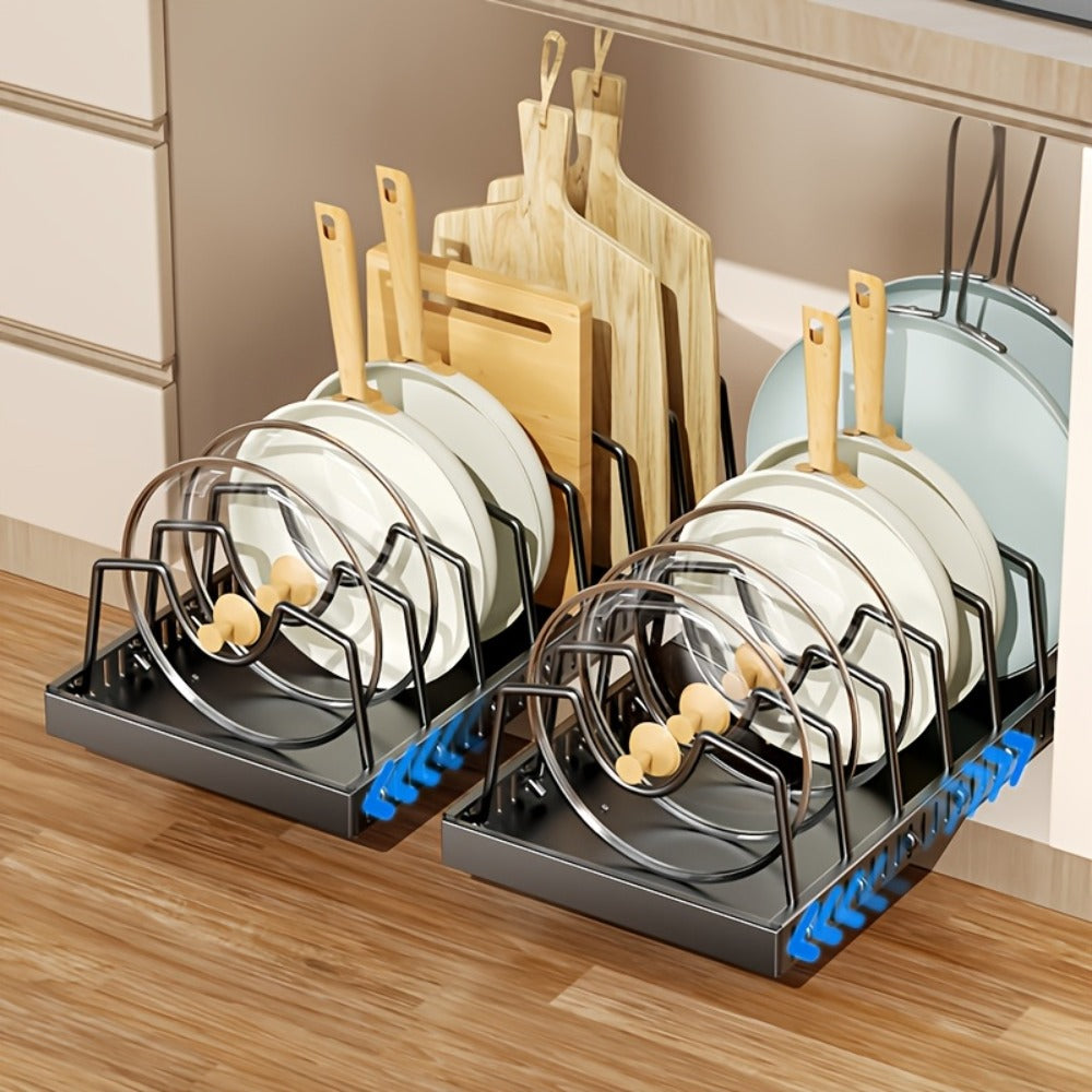 Pull-Out Pot and Pan Organizer with Sliding Cabinet Base, Eight Adjustable Dividers and One- or Two-Pack Options